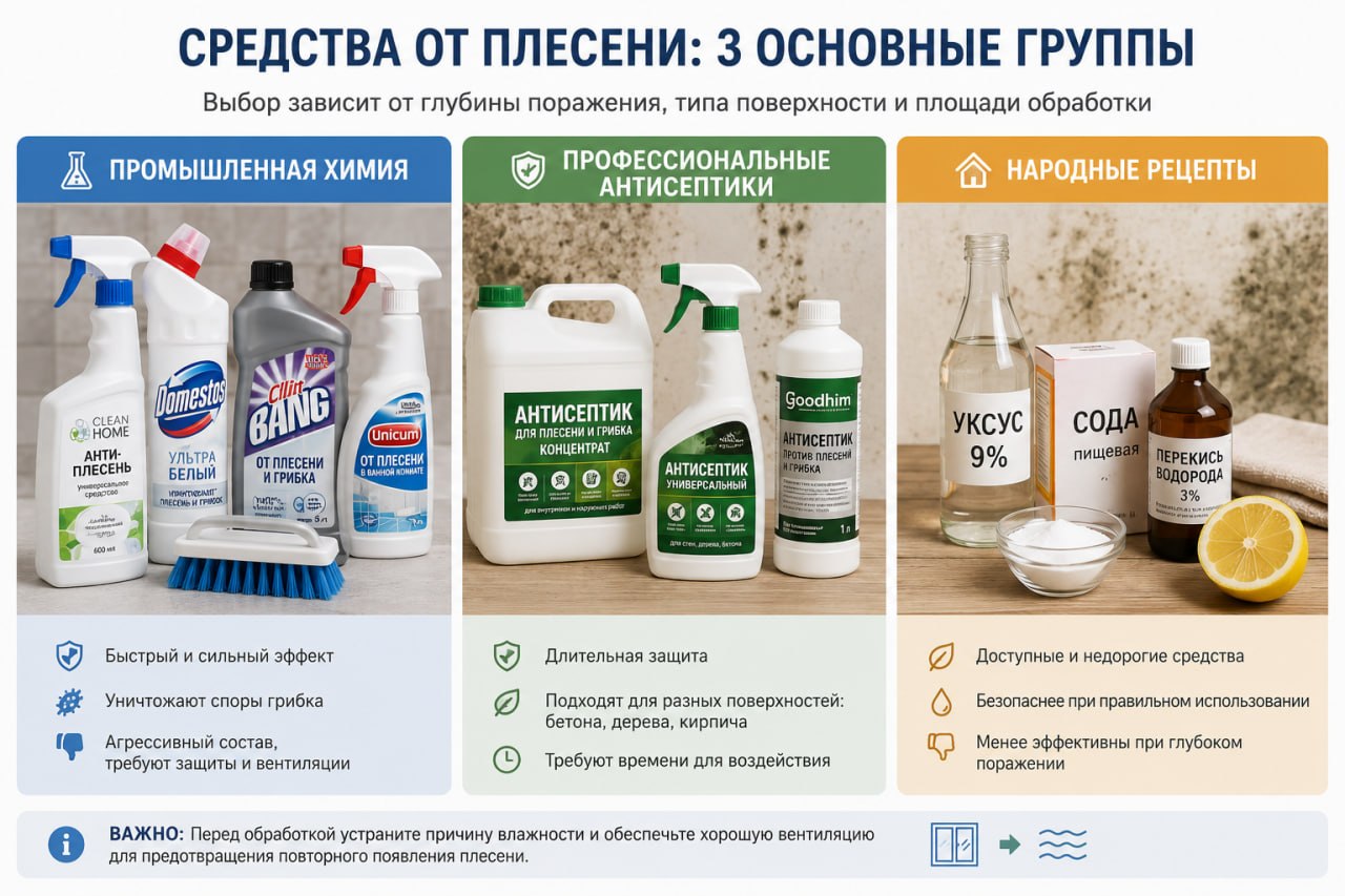 Типы средств от плесени: промышленная химия, антисептики и народные рецепты